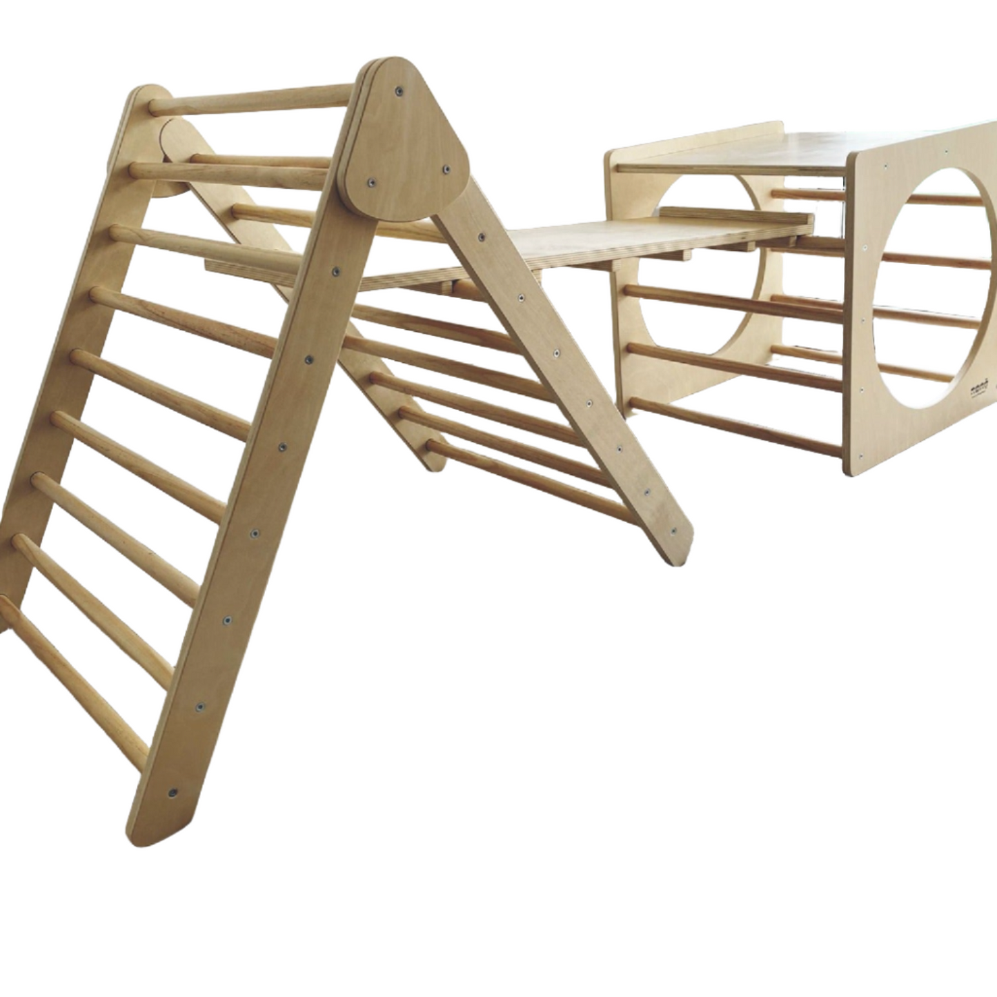 Image of a Pikler Triangle, Cube, and Ramp Bundle Set, showcasing the versatile play structures designed for developmental climbing and creative play for young children on a white background